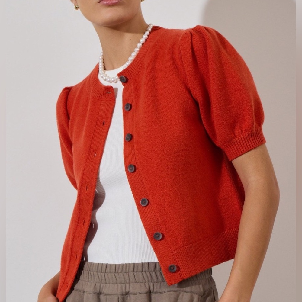 [NWOT] Marled Puff Sleeve Button-Front Knit Cardigan – Cherry Red (Never Worn) - Picture 9 of 9